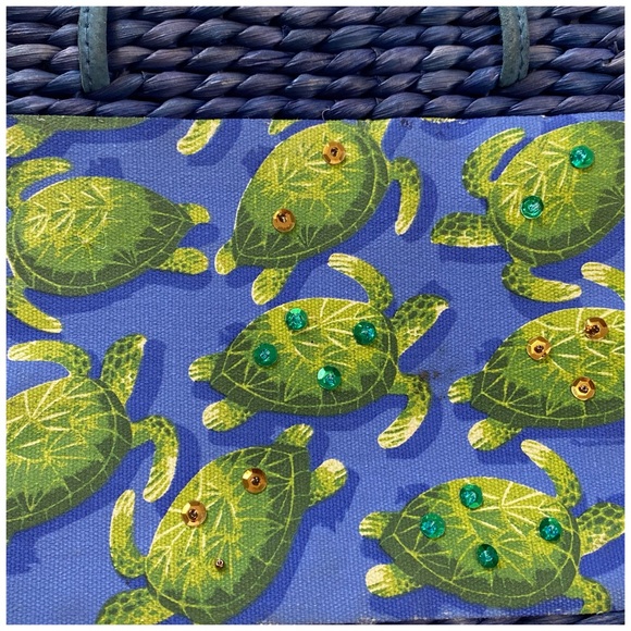 SUN & 'N SAND Tote Woven Bag Purse Wicker Beach Blue Sea Turtle Fabric Accent - Picture 6 of 7